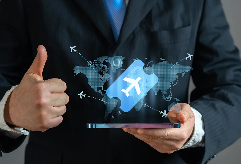 Business professional displaying aircraft management interface.